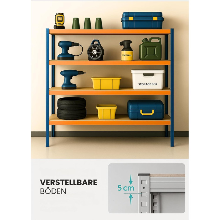 Потужний стелаж KARAT XXL, синьо-помаранчевий 200 x 180 x 60 см, стелажі для гаража, підвалу та майстерні - безболтові стелажі, широкопрохідні стелажі, підвальні стелажі, стелажі для майстерні (TitanRack Big)