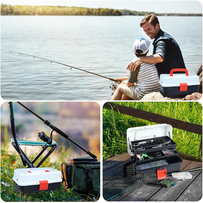 Набір рибальських снастей з 213 предметів з приманками, коробка для снастей на 3 полиці з аксесуарами, рибальський набір, що включає приманки, вантажі, гачки, рибальські плоскогубці, рибальське спорядження для лову окуня та форелі, подарунок рибалці для д