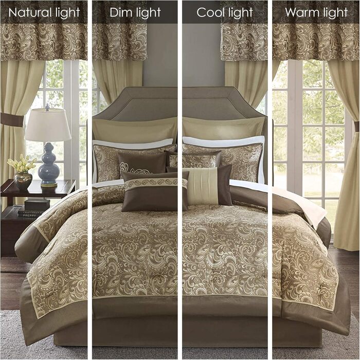 Відповідні штори Madison Park - пуховий альтернативний гіпоалергенний комплект постільної білизни для всіх сезонів Queen Brown Bro