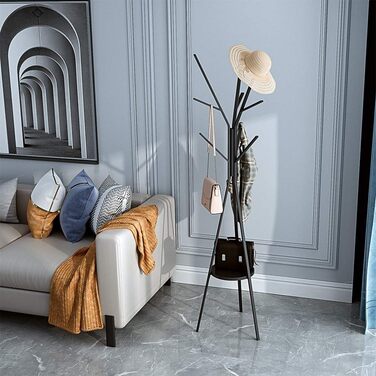 Підлогова вішалка для передпокою дерево - чорна вішалка висотою 180 см з полицею і 9 гачками для сумочки-куртки-шарфа, Freestandin