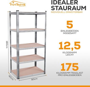 Надміцний стелаж, стелаж для зберігання, 40 x 90 x 180 см, стелаж зі сталевою рамою, вантажопідйомність до 875 кг кожен, 5 регульованих полиць, сріблястий СТАНДАРТ 90x180 см