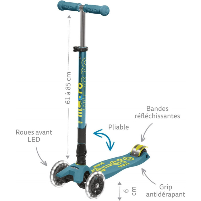 Складний світлодіодний самокат з трьома колесами, з нахилом для керування, складний, швейцарський дизайн, Micro для дітей з підсві