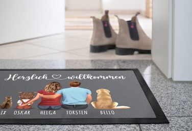Персоналізований сімейний килимок для дверей з фігурками та іменами (1, 2, 3, 4 дітей, собака, кіт), нековзний та миється, чорний, 60x40 см