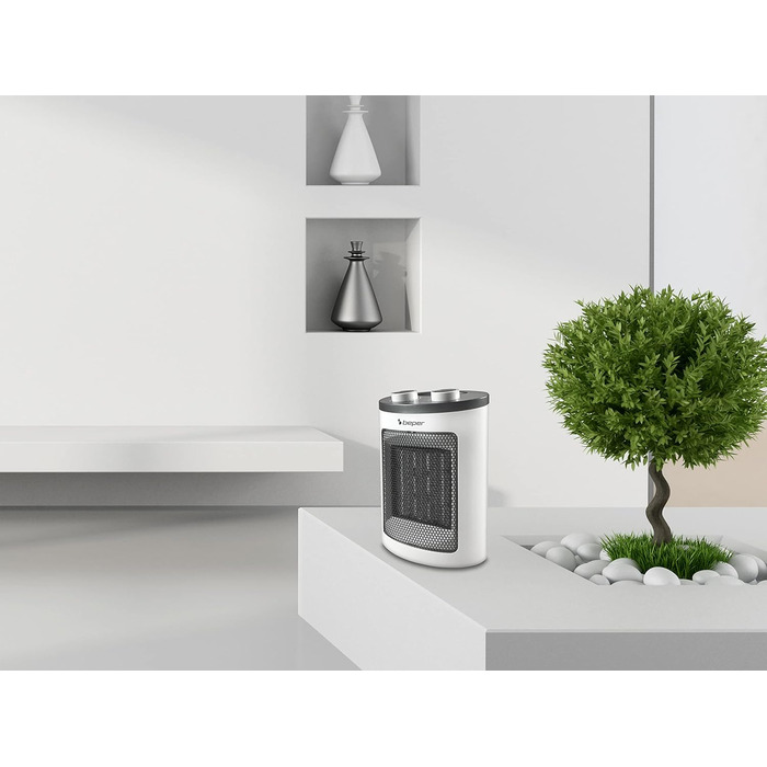 Керамічний вентилятор-обігрівач BEPER RI.080, сучасний дизайн, компактний, економний, регульований термостат, два рівні потужності, захист від перегріву, з ручкою, керамічний, PTC вентилятор-обігрівач, білий/чорний