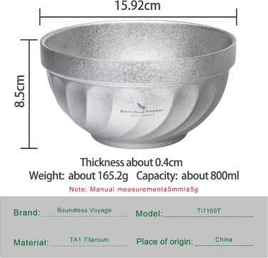 Двостінні титанові миски 800 мл вівсянка, їжа, рисовий суп, ізольована титанова миска, надлегка портативна посуд для кемпінгу на свіжому повітрі, металева чашка (срібна) Ti1169T 800 мл срібло Ti1169t