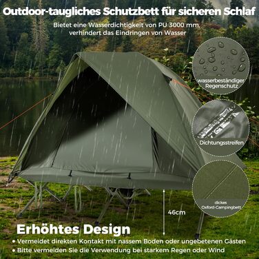 Розкладне ліжко COSTWAY з наметом для 2 осіб, кемпінгове ліжко з дощовиком, 2 сітчасті двері, мансардний вікно та сумка на колесах, кемпінговий шезлонг, вантажопідйомність 300 кг, 194 x 145 x 150 см, зелений