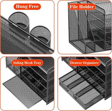 Настільний органайзер з тримачами для файлів, 5-рівневий органайзер для паперів з шухлядою та 2 тримачами для ручок, сітчастий настільний органайзер для файлів з тримачем для журналів для офісу, 5-рівневий настільний органайзер, чорний, з шухлядою та 2 тр