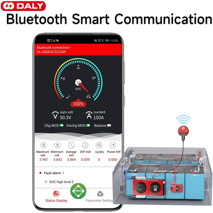 Паралельний модуль DALY BMS 1 A з вентилятором Smart BMS LiFePo4 8S 24 В 250 А та портом CAN, Bluetooth-ключ Smart BMS для літієвих акумуляторів 3,2 В, інвертор, ДБЖ та домашня система зберігання (Li-ion 13S 48V CAN BT, 250AParallel Module1A)
