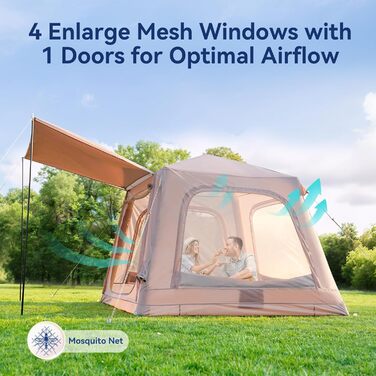 Надувний кемпінговий намет MOPHOTO, водонепроникний, тканина Оксфорд з ручним насосом, просторий, простий у встановленні, надувний кемпінговий повітряний намет для сімейного глемпінгу (2-4 особи)