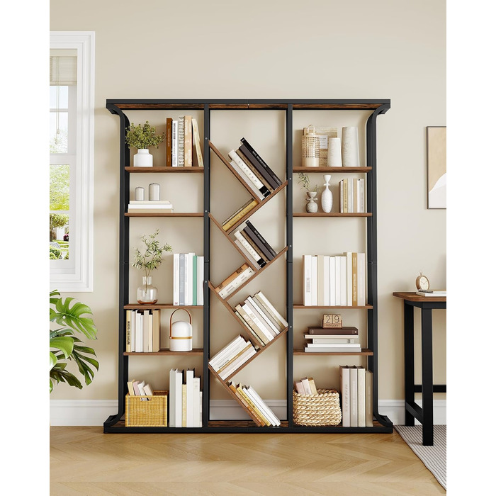 Книжкова полиця Hzuaneri, 3 колони, 6-ярусна книжкова шафа у формі дерева, 17 відкритих незалежних полиць, для домашнього офісу, спальні, вітальні, 24 x 156 x 180 см, вінтажний коричнево-чорний BC53201B
