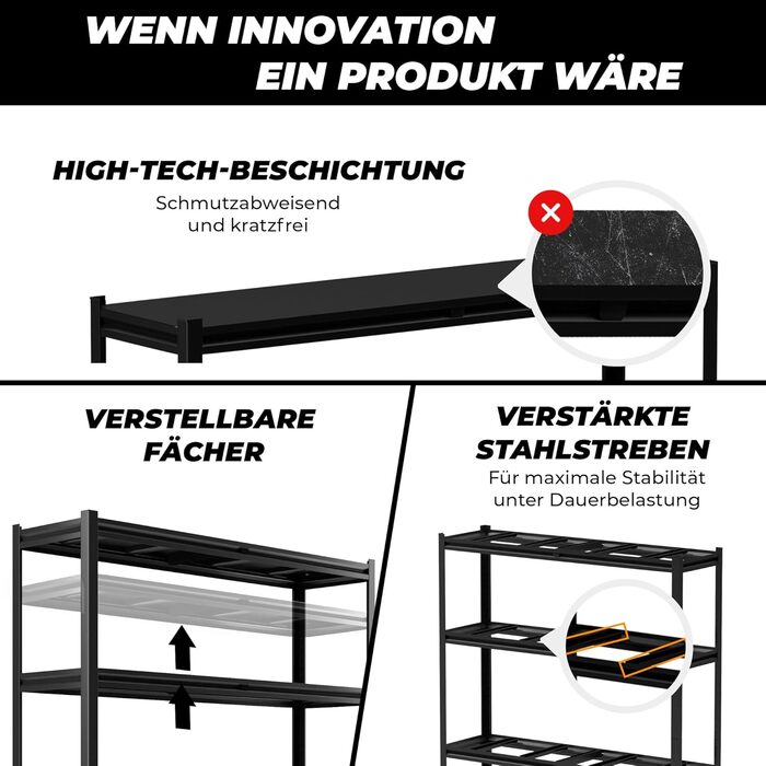 Металевий стелаж преміум-класу, чорний, з міцними металевими полицями, 180x150x40 см - вантажопідйомність 1000 кг, 100 холоднокатана сталь - стелаж глибиною 40 см, металевий стелаж для зберігання, 180x150x40 см, чорний