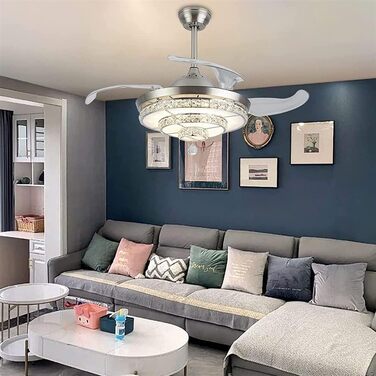 Тихий вентилятор лампа Кришталевий світлодіодний стельовий вентилятор з пультом дистанційного керування висувним невидимим лезом р