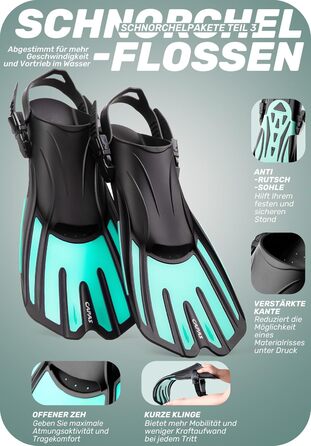 Набір для підводного плавання CAPAS з ластами, спорядження для підводного плавання дорожнього розміру для дорослих з короткими регульованими ластами, високоміцною маскою для дайвінгу та трубкою Dry Top, з сумкою для перенесення L/XL (42/47) зелено-чорний