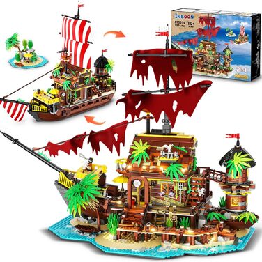 Міні-конструктор INSOON Pirate Shipwreck House зі світлодіодом, 2 в 1 Pirate Ship Building Block 1854 шт., Shipwreck Model Home Decor Піратський корабель Іграшка Подарунок для дорослих Діти Хлопчики від 10-12