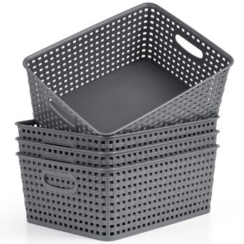 Пластикові кошики для зберігання Winter Shore, сірі 4 шт. - плетені дизайнерські кошики для зберігання речей у шафах, на кухонних полицях, під раковинах, у пральнях, спальнях, ванних кімнатах - 29 x 22,5 x 12 см