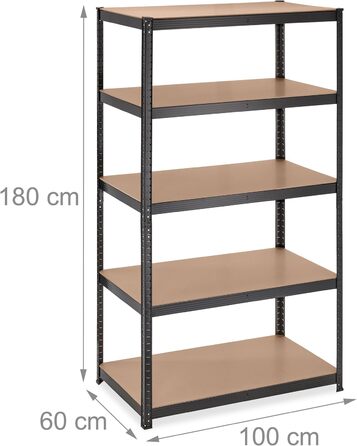 Міцний стелаж Relaxdays, ВxШxГ 180x100x60 см, 5 полиць, сталь, чорний Вантажопідйомність 1250 кг, вставний, для підвалу, гаража