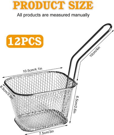 Кошик для картоплі фрі Sporgo 12 шт. маленький кошик для смаження з нержавіючої сталі, срібний кошик для картоплі фрі, кошик для смаженої їжі з ручкою, кошик для фритюрниці, кільця цибулі, курячі нагетси (1)