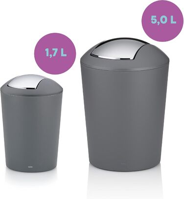 Сірий, відро для сміття з поворотною кришкою, відро для косметики 5 л з поворотною кришкою, пластик, MARTA, відро для сміття у ван