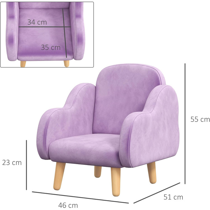 Дитяче крісло ZONEKIZ Дитяче крісло з підлокітником, дерев&39яний каркас, оксамит, ніжки ПП, форма хмари, для 1,5-3 років - фіолетове