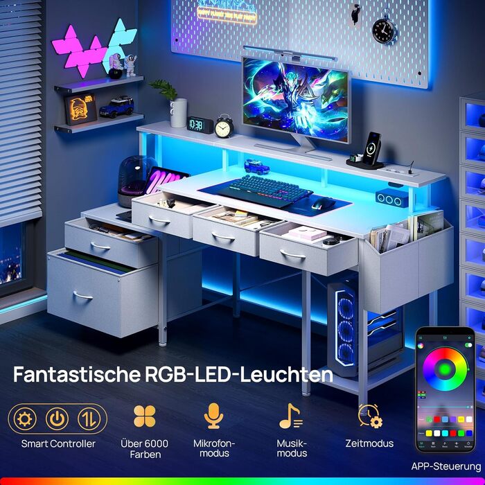 Письмовий стіл Rolanstar з розеткою, комп&39ютерний стіл з 5 шухлядами, світлодіодним освітленням, сумкою для зберігання та підставкою для монітора, сучасний кутовий стіл для домашнього офісу та ігор (білий)