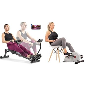 Магнітний тренажер для ніг Sunny Health & Fitness під стіл мінівелосипед 2-в-1 та компактний гребний тренажер з регульованим опором для повного тренування вдома