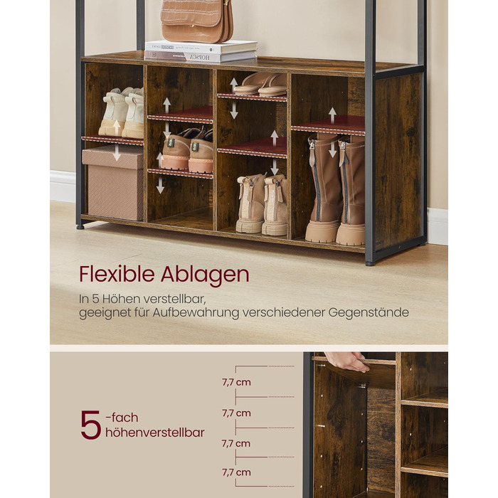 Вішалка для одягу, Шафа, Меблі для передпокою з полицею для взуття, Відкриті відділення, Гачки для одягу, Регульовані полиці, Індустріальний стиль, для передпокою, вхідної зони, Вінтажний коричневий-чорний HSR432K01 Вінтажний коричневий чорнильний