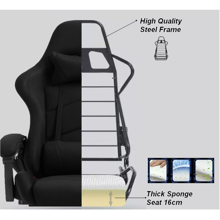 Ігрове крісло Delman, гоночне крісло, офісне крісло, комп&39ютерне крісло, масажна функція з 6 точками вібрації, крісло для керівника, тканинне, ергономічна підставка для ніг, 1036 (чорне)