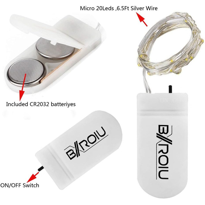 Мікро світлодіодних гірлянд з батарейкою CR2032 на сріблястому дроті довжиною 2 метри для вечірки, саду, Різдва, Хеллоуїна, весілл