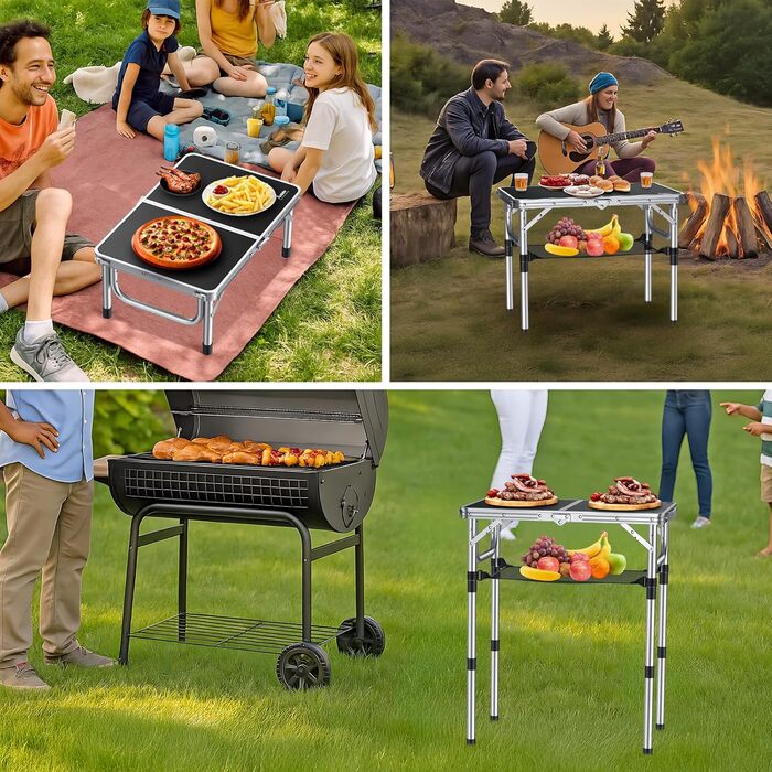 Стіл для кемпінгу Anbte, розкладний стіл 60x40 см, алюмінієва рама з 3 регульованими висотами 26/48/70 см, стіл для пікніка з сіткою для зберігання, портативний багатофункціональний стіл для кемпінгу, пляжу, балкону (чорний) сірий