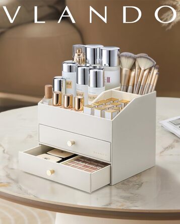 Органайзер для макіяжу VLANDO з 3 шухлядами, органайзер для туалетного столика, органайзер для косметики, органайзер для макіяжу для ванної кімнати, догляд за шкірою комода, бежевий
