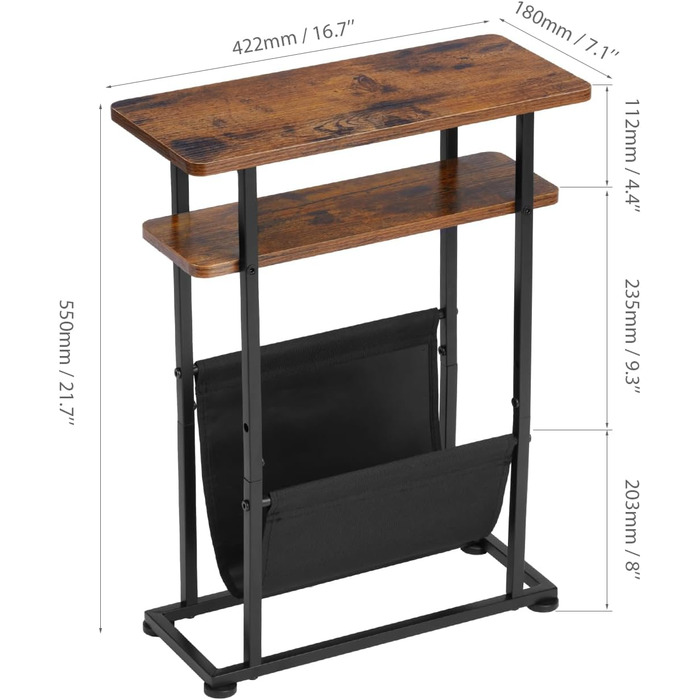 Невеликий журнальний столик для невеликих приміщень, вузький журнальний столик з полицею для журналів - вузький буфет 2 в 1 для вітальні, тонка тумбочка біля ліжка для спальні з полицею (сільський коричневий)