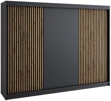 Шафа-купе з розсувними дверима, 3-дверна з 4 шухлядами та 3D ламелями, 200 см (Чорний/Чорний/Чорний/Чорний)