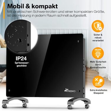 Електричний скляний конвекторний обігрівач TRESKO 2000 Вт Електричний скляний обігрівач Конвекторний обігрівач-радіатор Електричний радіатор, окремостоячий або настінний обігрівач, чорний / 2000 Вт