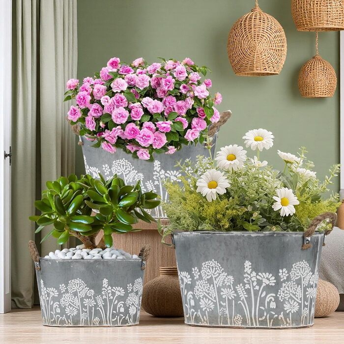 Набір вінтажних вуличних квіткових горщиків, 3 предмети, оцинковані металеві горщики для рослин з мотузковими ручками, відра для квітів/горщики для трав для кухні, балкону та саду, 19/22,5/26 см