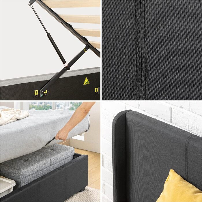 Ліжко Zinus Maddon з м&39якою поверхнею 140x200 см з місцем для зберігання - Висота 31 см з дерев&39яною рейковою основою та узголів&39ям - Гідравлічний підйомний механізм та місце для зберігання - Чорне 140 x 200 см Чорний