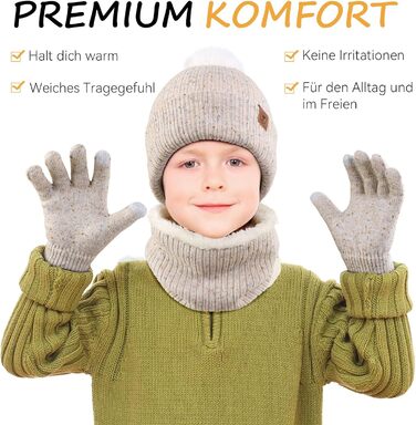 Дитячий зимовий комплект OZERO (6-12 років) - в&39язана шапка, шарф-петля, терморукавички з флісовою підкладкою, нековзні рукавички, теплий комплект із 3 предметів для хлопчиків та дівчаток, для ігор на вулиці та дитячого садка, бежевий