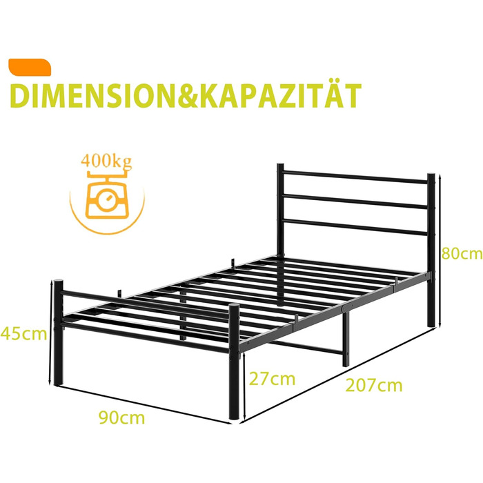 Металеве ліжко з рейковою основою, каркас ліжка, односпальне ліжко, чорний, 90x200 см, металеве ліжко 90 x 200 см, мінімалістичний каркас ліжка з узголів&39ям, гостьове ліжко з рейковою основою для спальні, гостьова кімната, чорний, 90 x 200 см