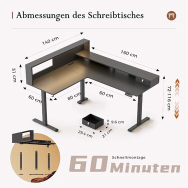 Г-подібний письмовий стіл Klicelor з регульованою висотою та шухлядами, 160 x 140 см, кутовий стіл з підставкою для монітора, комп&39ютерний стіл з функцією сидячи/стоячи з розетками та світловою стрічкою, чорний 160 x 140 см з вилкою та світлодіодним під