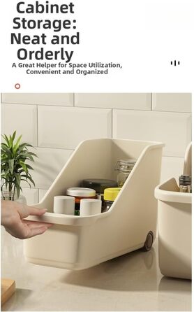 Кухонний ящик для зберігання, пластиковий, з колесами, для каструль та кришок, кутове відкриття, для двосторонніх пазів, 38 x 15 x 22 см, бежевий