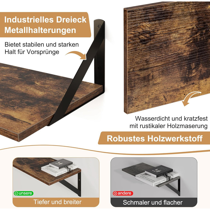 Плаваюча полиця, глибина 20 см, настінна полиця шириною 40 см, комплект із 2 настінних полиць з металевими кронштейнами, книжкова полиця з ДСП для ванної кімнати, вітальні, кухні, вінтажно-коричневий колір, 40 x 20 x 12,5 см