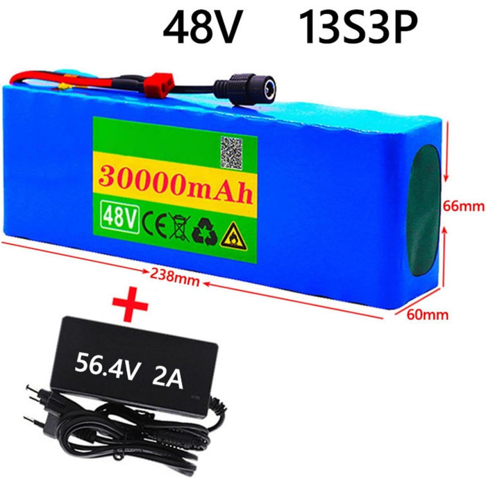 Літій-іонний акумулятор для електровелосипеда 48V 30Ah Акумуляторний блок 13S3P, вбудований BMS, ПВХ акумулятор із зарядним пристроєм BMS XT60/T штекер T-подібний штекер 48V 36Ah