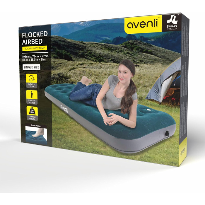 Надувний матрац AVENLI, надувне ліжко для кемпінгу з вбудованим ножним насосом для 1 особи, 1973x22 см, надувний матрац, гостьове ліжко, м&39яка спальна поверхня з флокованим чохлом, дорожнє ліжко для кемпінгу та дому