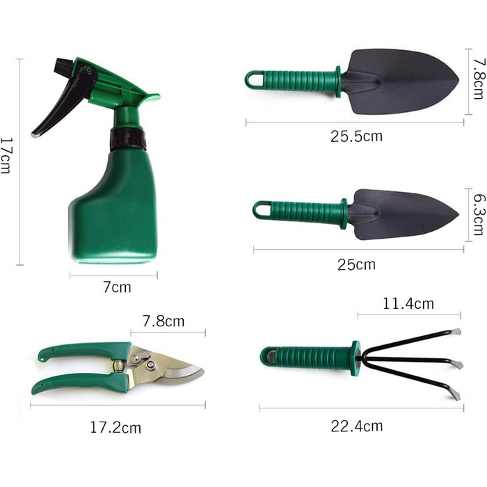 Набір садового інструменту 5 в 1 лопатка, секатор, граблі, розпилювач води та сумка для зберігання