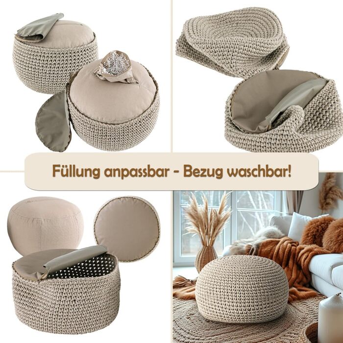 Пуф-подушка Ø55 H37 з мохеровим сидінням, пуф/табурет, можна прати та наповнювати, бежевий/білий