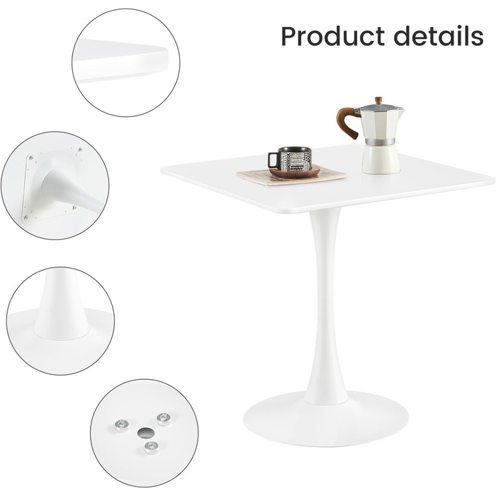 Сучасний обідній стіл 70x70 квадратний стіл кухонний стіл маленький обідній стіл з металевими ніжками, підходить для вітальні, їдальні, балкону, білий 70 x 70 см (квадратний) квадратно-білий