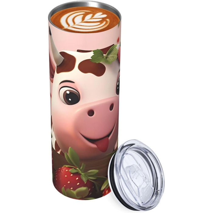 Кухоль з прямою трубочкою, дизайн корови та полуниця, друкований, дорожній кухоль, підходить для кемпінгу, офісу та дому, 590 мл