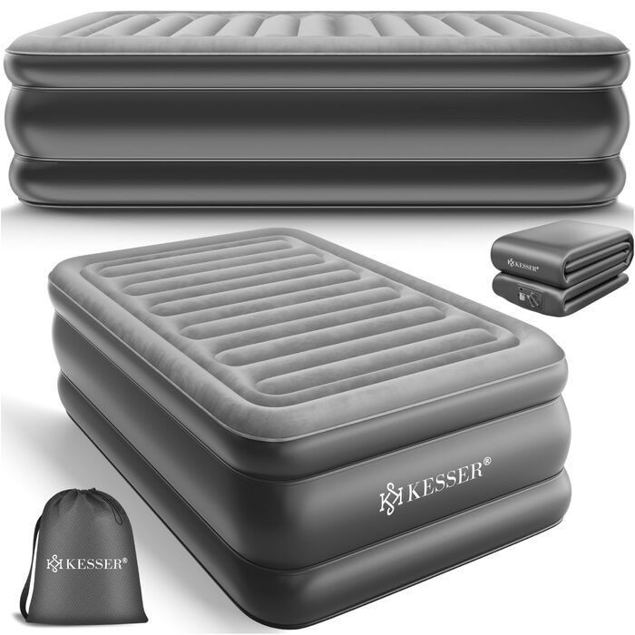 Надувний матрац KESSER, самонадувальне гостьове ліжко з вбудованим електричним насосом, повітряний матрац для кемпінгу або домашнього використання, з сумкою, підходить для 1 особи - 203 x 95 x 51 см, одномісний, сірий/антрацитовий