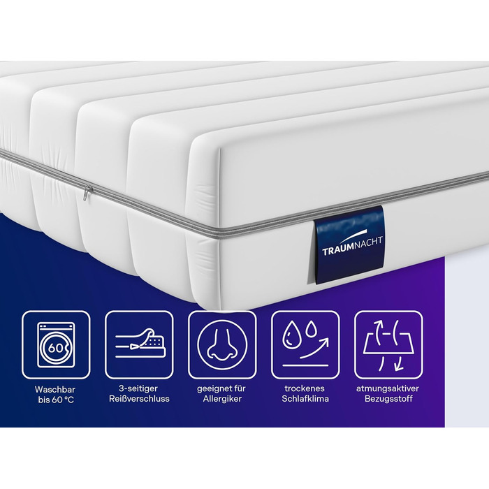 Ортопедичний 7-зонний матрац Traumnacht Basis з холодної піни для всіх типів сну, рівень жорсткості 4 (H4 - жорсткий), 140 x 200 см, білий, сертифікований Oeko-Tex, виготовлений відповідно до німецьких стандартів якості. Рівень жорсткості H4 - жорсткий, 1