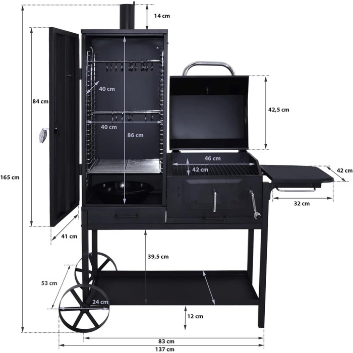 Syntrox Smoker Klavor з коптильнею, грилем барбекю, грилем на вугіллі. Гриль коптильні, сталь, листова сталь з вогнезахисним лаком, камера гриля і коптильня, дерев'яні ручки, дверцята з золи із засувкою