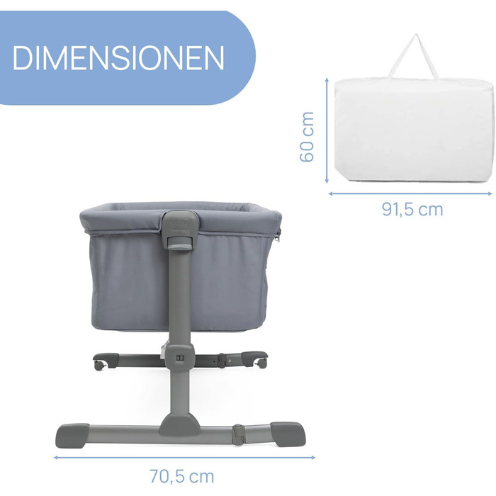 Дитяче ліжечко Chicco Next2Me Essential для новонароджених, приліжкове ліжечко, сумісне з різними ліжками, регульована висота, гарна циркуляція повітря, матрац і сумка в комплекті, 0-6 місяців, сірий колір